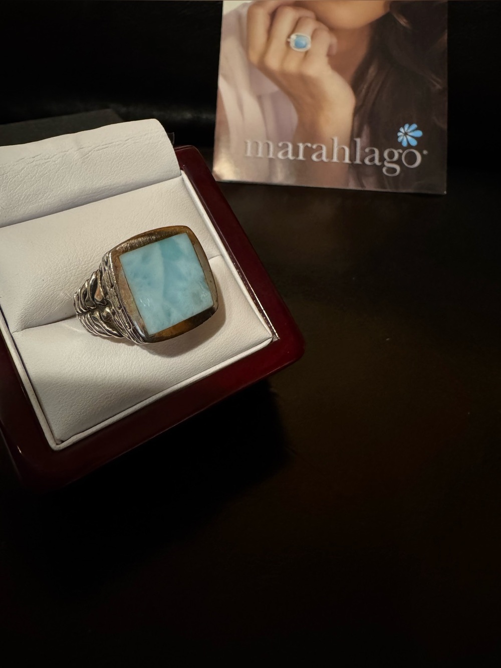 Marahlago Larimar ring square-stone set in sterling silver unisex  Size 10